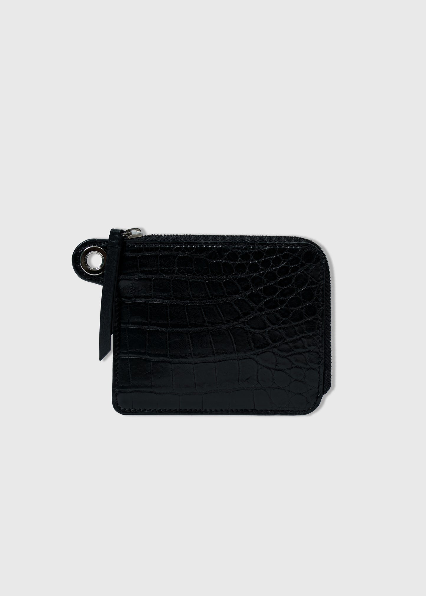 CROCODILE LEATHER MATTE BLACK EYELET DESIGN ZIPPER WALLET