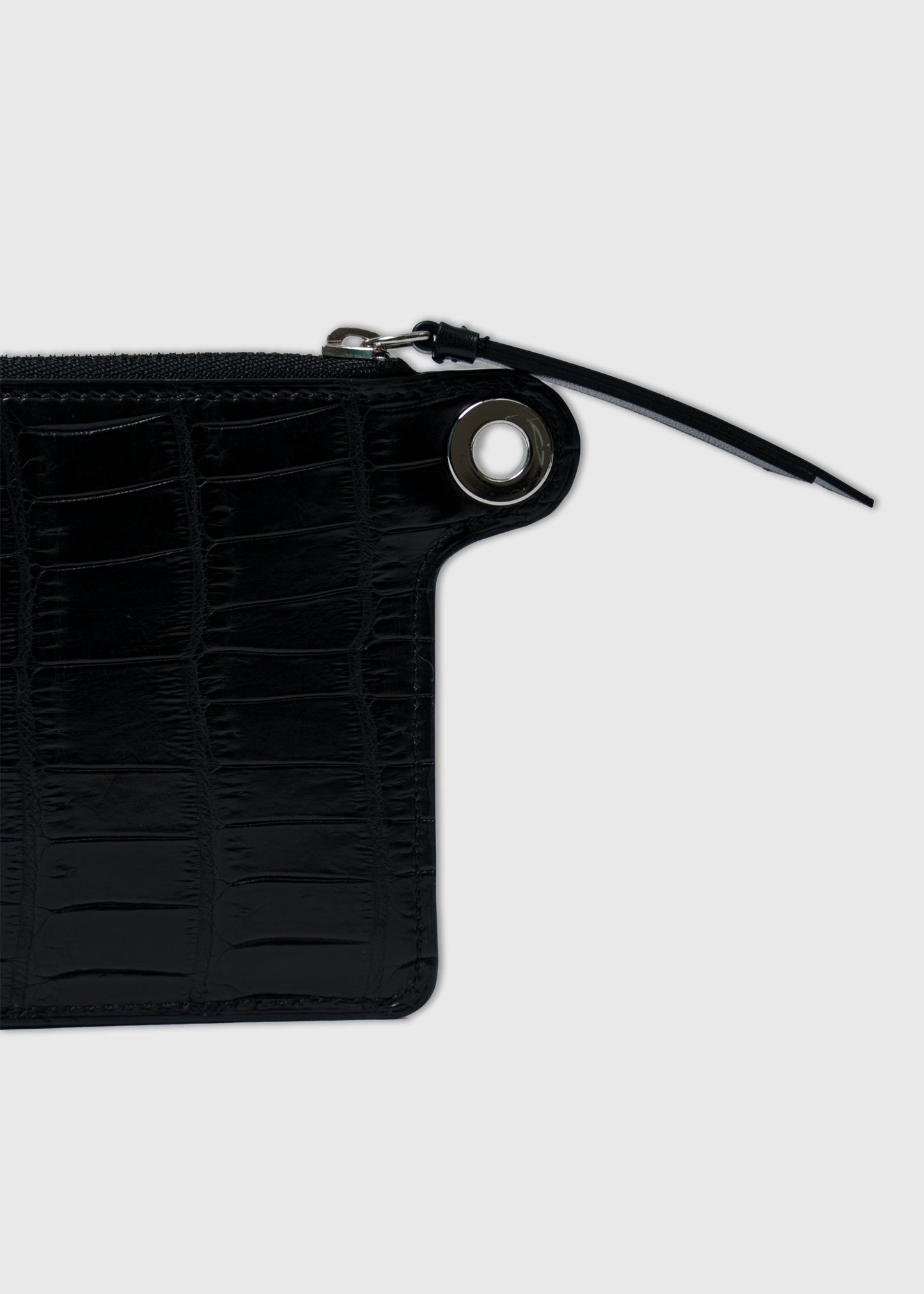 CROCODILE LEATHER MATTE BLACK EYELET DESIGN ZIPPER WALLET
